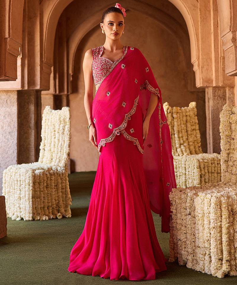 Fuchsia pink embroidered organza drape saree set