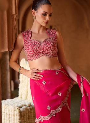 Fuchsia pink embroidered organza drape saree set 2
