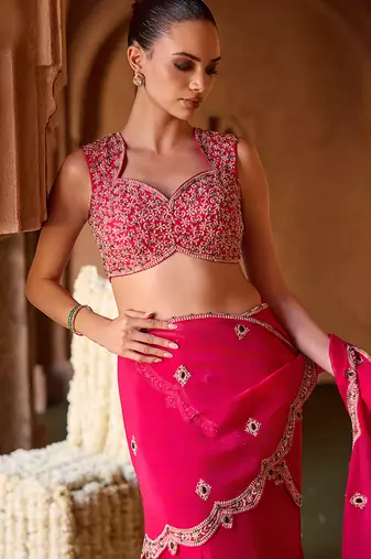 Fuchsia pink embroidered organza drape saree set