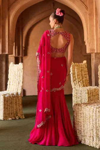 Fuchsia pink embroidered organza drape saree set