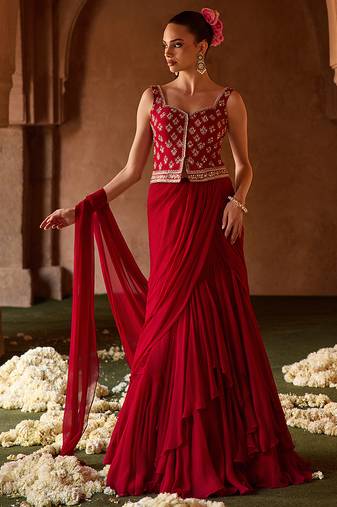 Crimson red embroidered corset cupro silk drape saree set