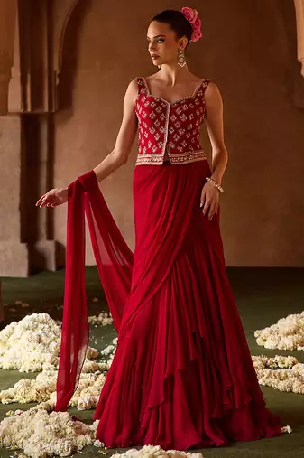 Crimson red embroidered corset cupro silk drape saree set