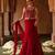 Crimson red embroidered corset cupro silk drape saree set