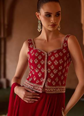 Crimson red embroidered corset cupro silk drape saree set 2