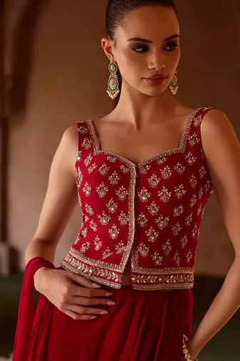 Crimson red embroidered corset cupro silk drape saree set