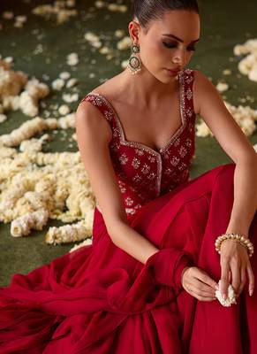 Crimson red embroidered corset cupro silk drape saree set 3