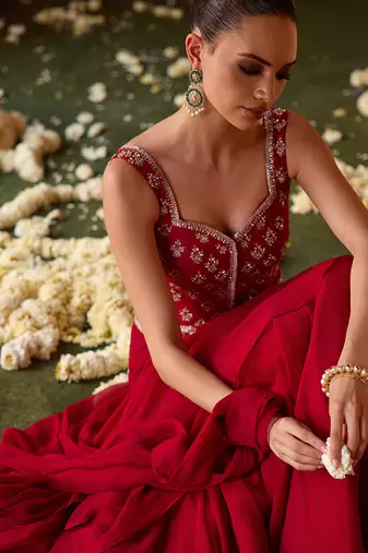 Crimson red embroidered corset cupro silk drape saree set