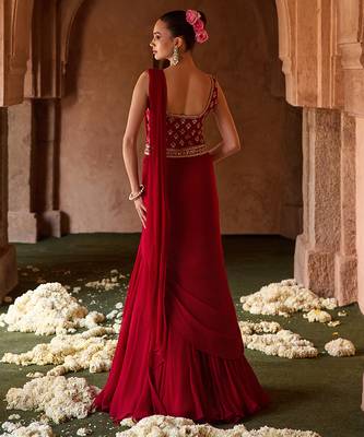 Crimson red embroidered corset cupro silk drape saree set 4