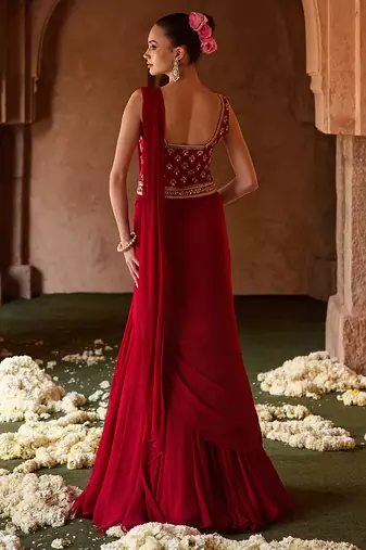 Crimson red embroidered corset cupro silk drape saree set