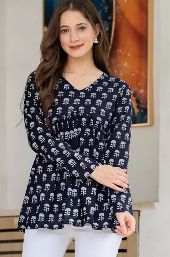 Navy-blue floral printed cotton tunic short kurti top for women