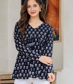 Navy-blue floral printed cotton tunic short kurti top for women