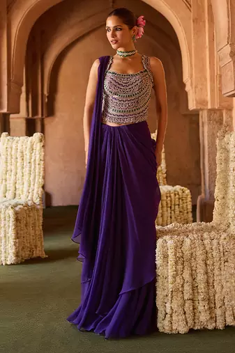 Royal purple embroidered corset cupro silk drape saree set