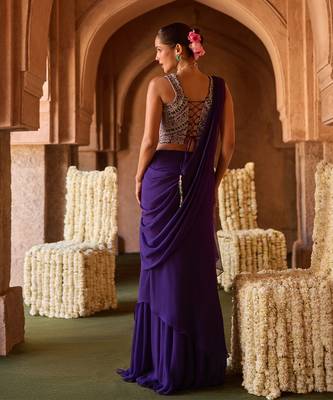 Royal purple embroidered corset cupro silk drape saree set 2