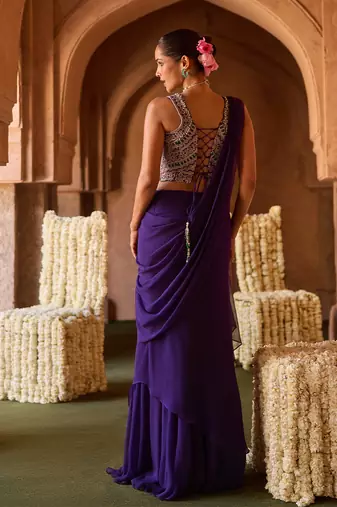 Royal purple embroidered corset cupro silk drape saree set