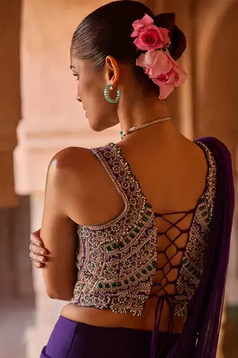 Royal purple embroidered corset cupro silk drape saree set