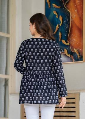 Navy-blue floral printed cotton tunic short kurti top for women 2