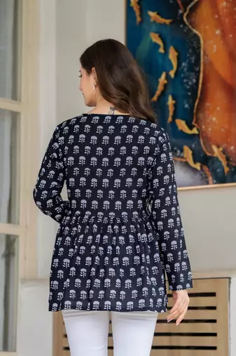 Navy-blue floral printed cotton tunic short kurti top for women