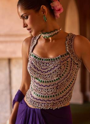 Royal purple embroidered corset cupro silk drape saree set 4