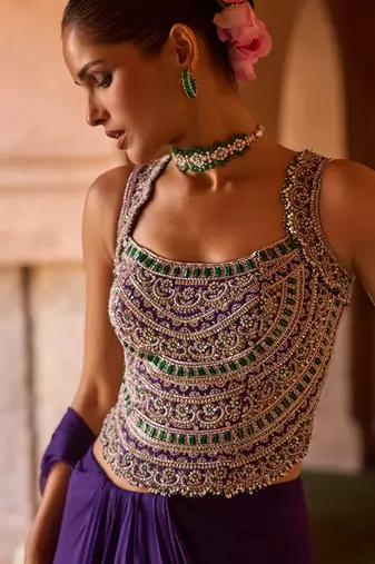 Royal purple embroidered corset cupro silk drape saree set