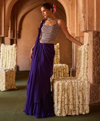 Royal purple embroidered corset cupro silk drape saree set 5