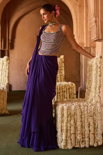 Royal purple embroidered corset cupro silk drape saree set