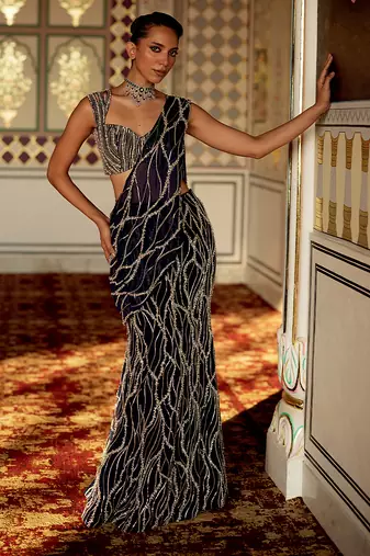 Midnight blue embellished organza pre drape saree set