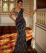 Midnight blue embellished organza pre drape saree set