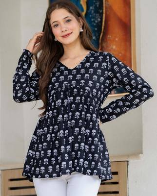 Navy-blue floral printed cotton tunic short kurti top for women 3
