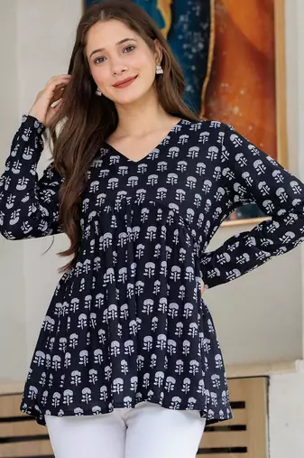 Navy-blue floral printed cotton tunic short kurti top for women