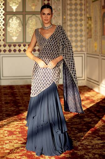 Prussian blue ruffled organza pre drape saree set
