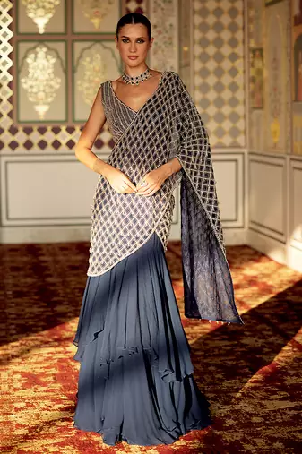 Prussian blue ruffled organza pre drape saree set