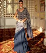 Prussian blue ruffled organza pre drape saree set