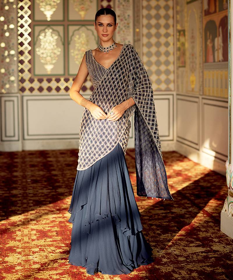 Prussian blue ruffled organza pre drape saree set