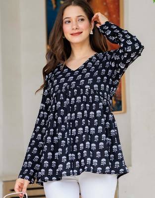 Navy-blue floral printed cotton tunic short kurti top for women 4