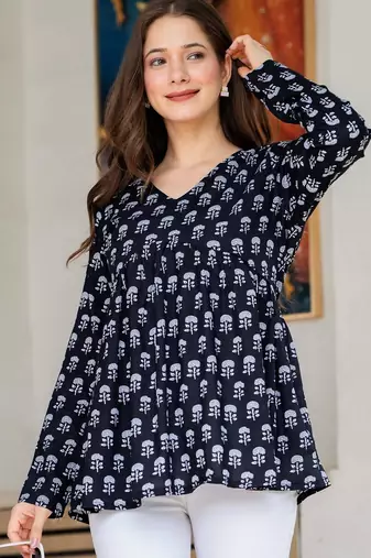 Navy-blue floral printed cotton tunic short kurti top for women