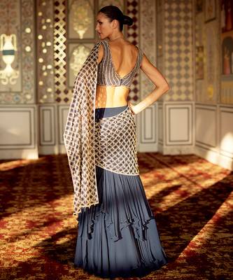 Prussian blue ruffled organza pre drape saree set 2