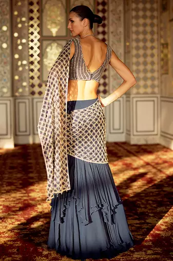 Prussian blue ruffled organza pre drape saree set