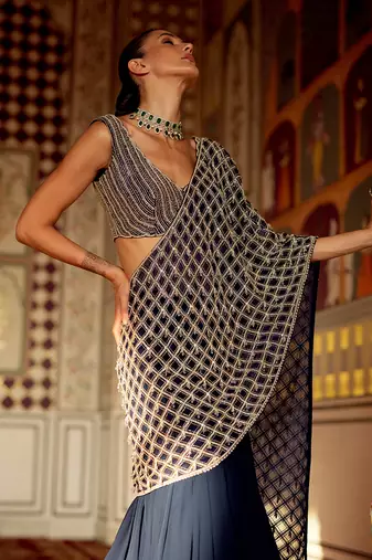 Prussian blue ruffled organza pre drape saree set