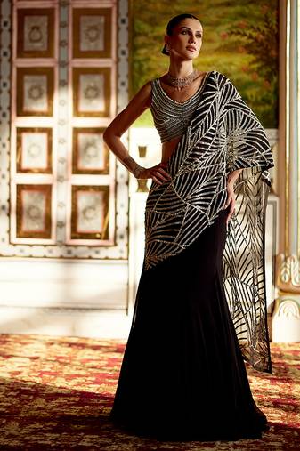 Black embellished organza pre drape saree set