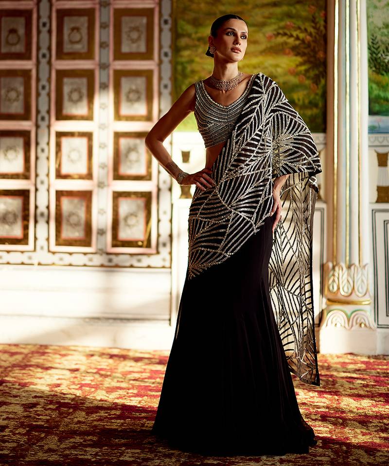 Black embellished organza pre drape saree set