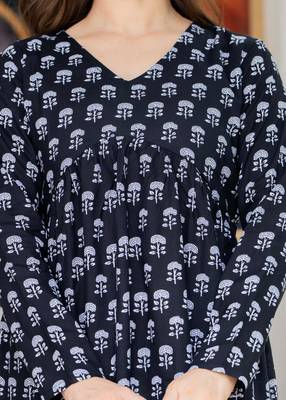 Navy-blue floral printed cotton tunic short kurti top for women 5