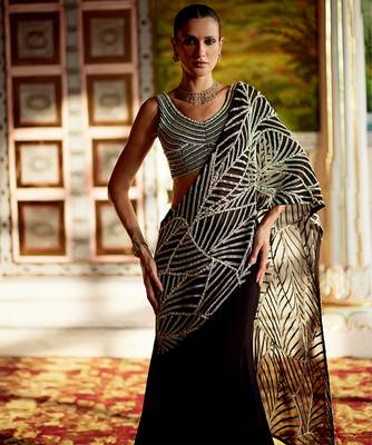 Black embellished organza pre drape saree set 3