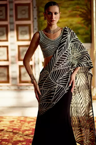 Black embellished organza pre drape saree set