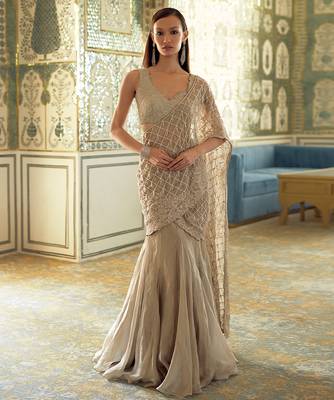Gold embroidered tissue pre drape saree set 1