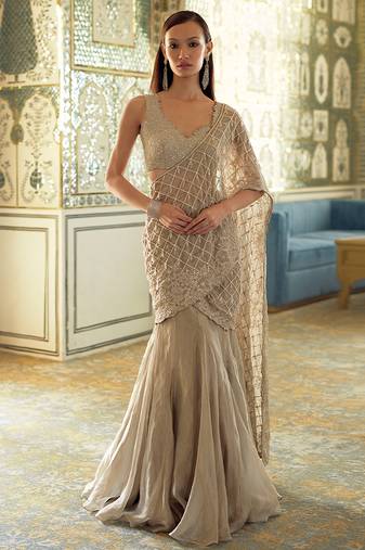 Gold embroidered tissue pre drape saree set