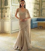 Gold embroidered tissue pre drape saree set