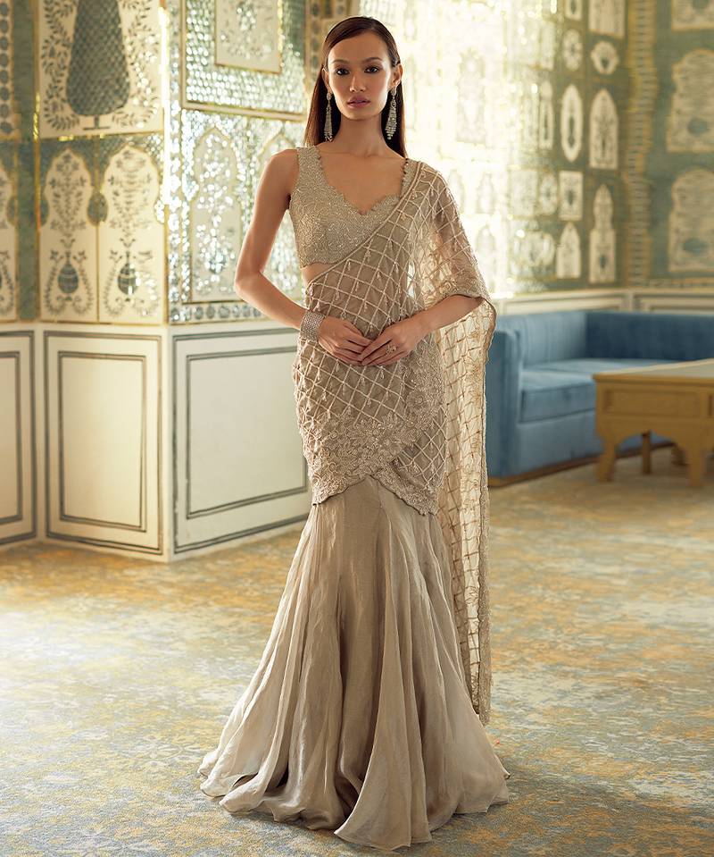 Gold embroidered tissue pre drape saree set