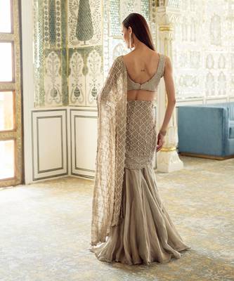 Gold embroidered tissue pre drape saree set 2