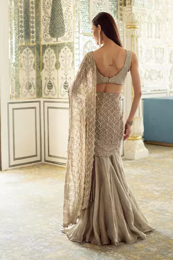 Gold embroidered tissue pre drape saree set