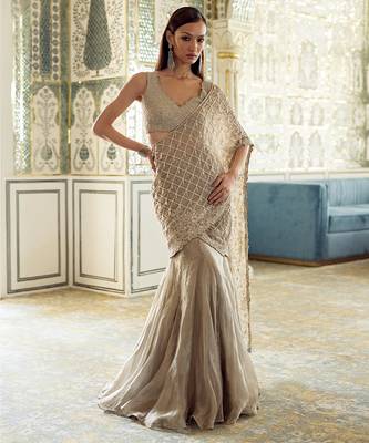 Gold embroidered tissue pre drape saree set 3